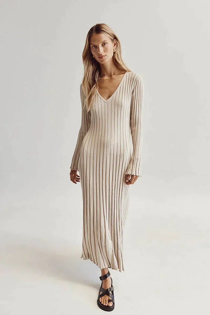 Women's Long-Sleeve Ribbed Knitted Dress V-Neck Maxi