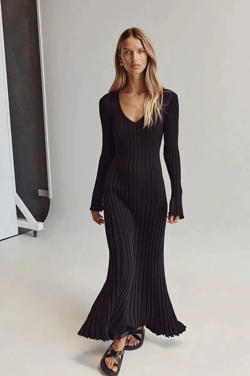 Women's Long-Sleeve Ribbed Knitted Dress V-Neck Maxi