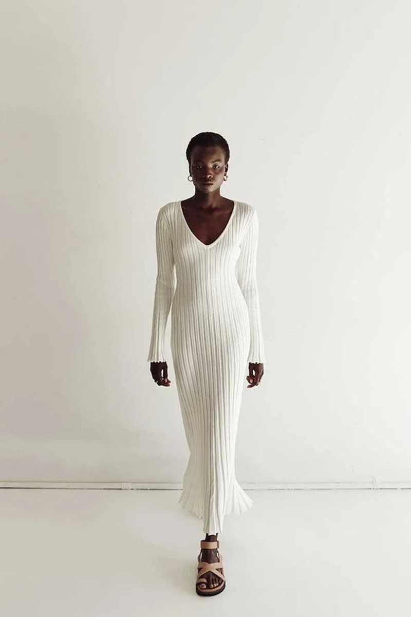 Women's Long-Sleeve Ribbed Knitted Dress V-Neck Maxi