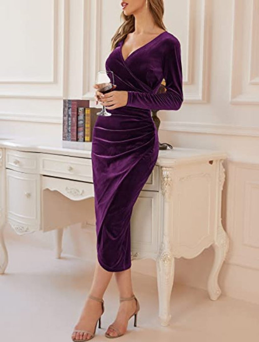 Women's Long Sleeve Ruched Bodycon Velvet Party Dress