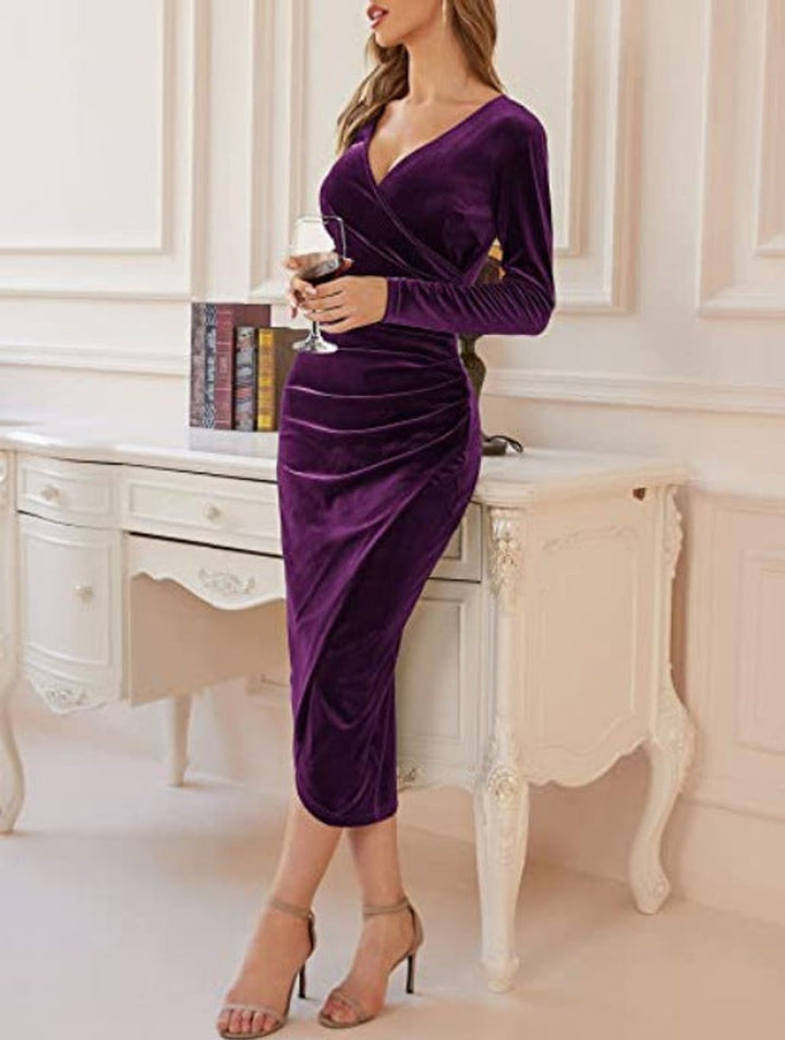 Women's Long Sleeve Ruched Bodycon Velvet Party Dress