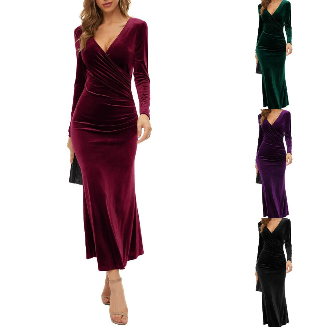 Women's Long Sleeve Ruched Bodycon Velvet Party Dress