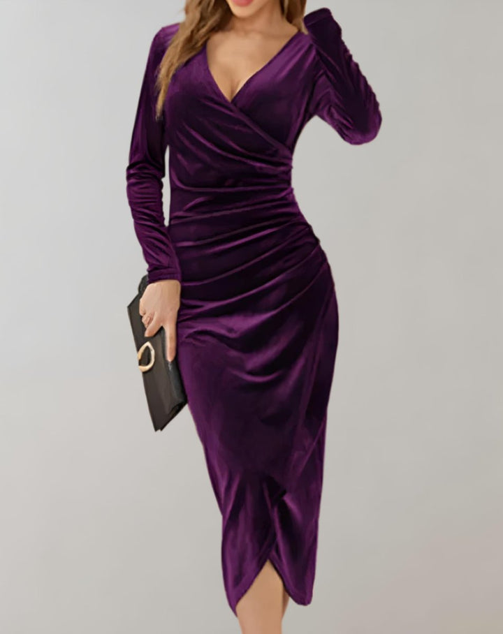 Women's Long-Sleeve Ruched Wrap Velvet Party Dress