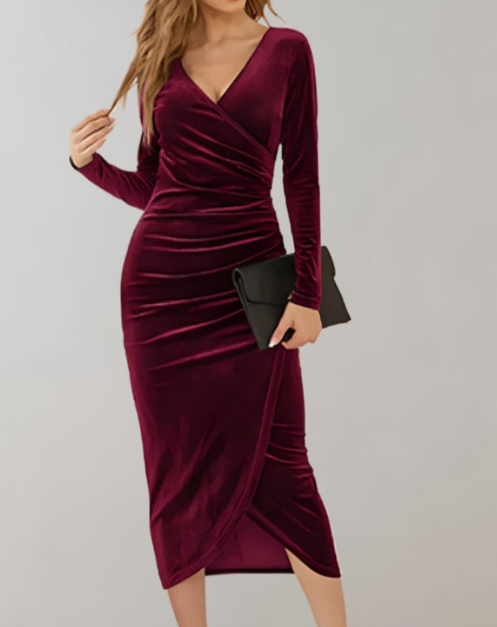Women's Long-Sleeve Ruched Wrap Velvet Party Dress