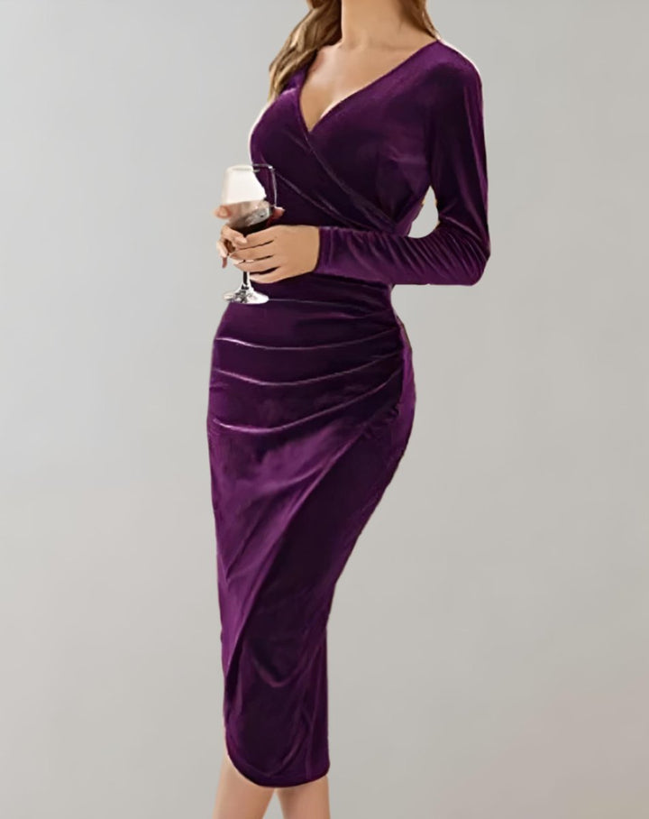 Women's Long-Sleeve Ruched Wrap Velvet Party Dress