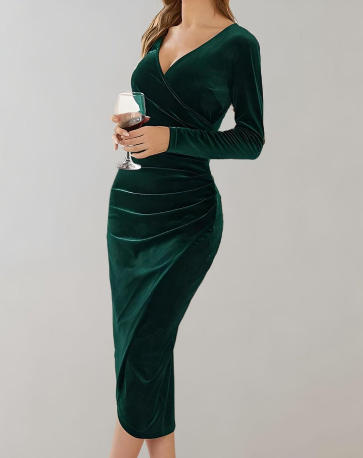 Women's Long-Sleeve Ruched Wrap Velvet Party Dress