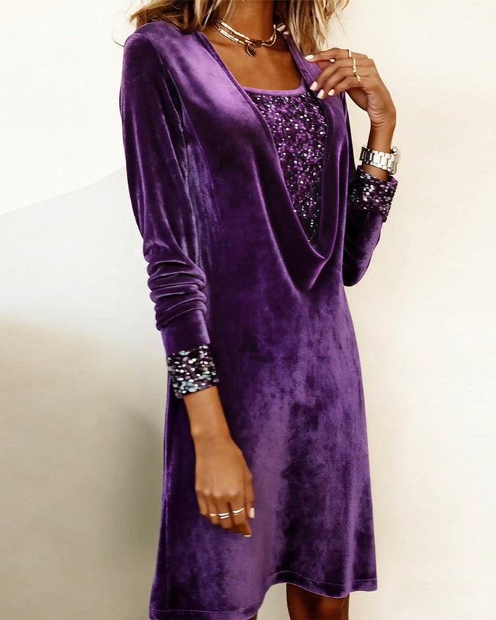 Women's Long-Sleeve Sequin-Trim Velvet Party Dress