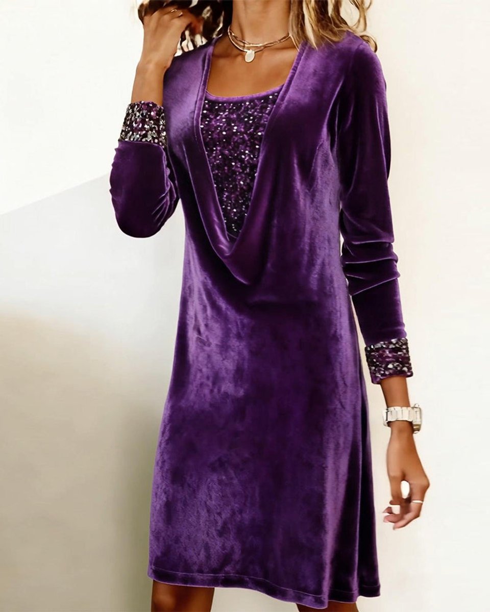 Women's Long-Sleeve Sequin-Trim Velvet Party Dress