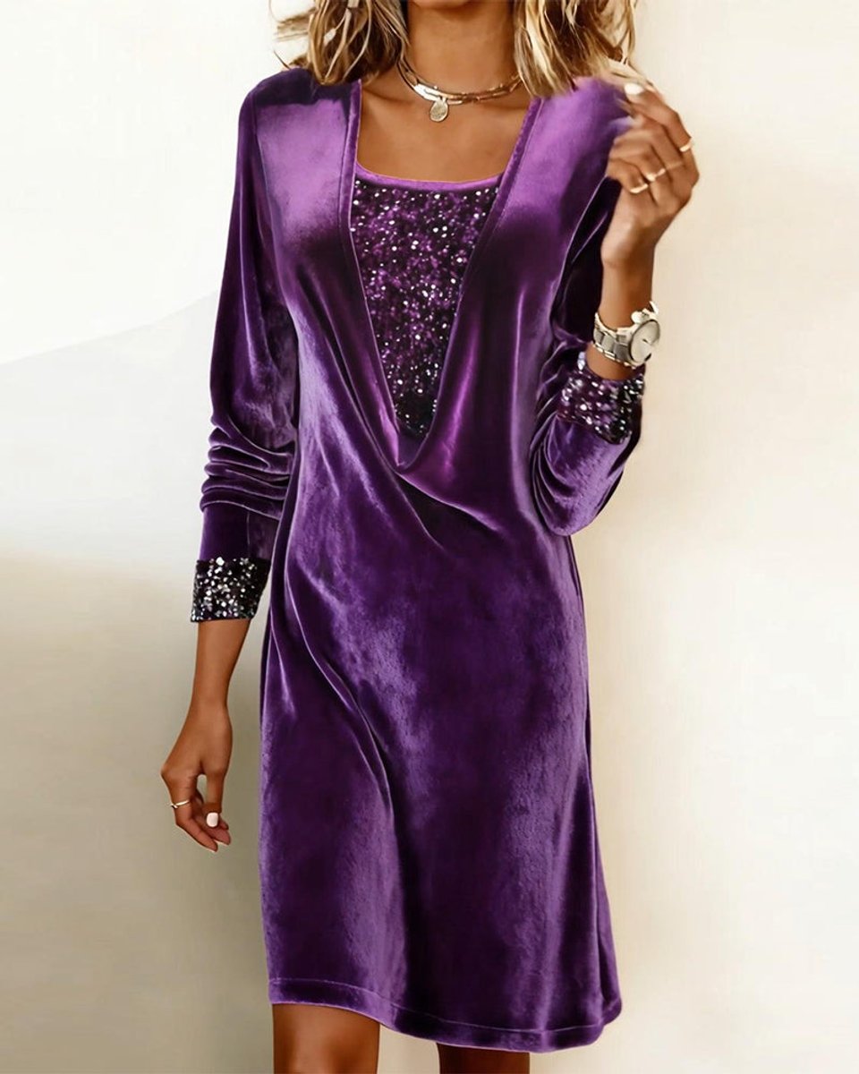 Women's Long-Sleeve Sequin-Trim Velvet Party Dress