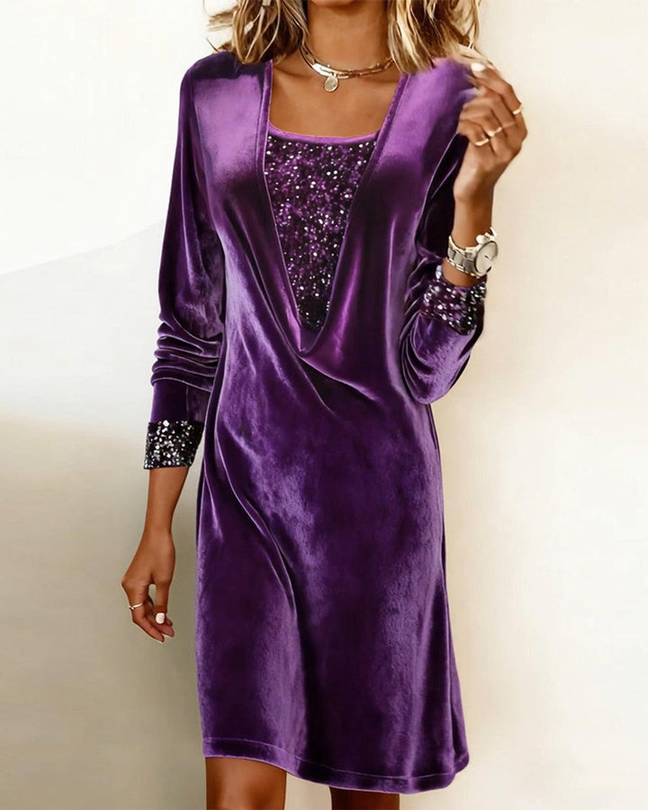 Women's Long-Sleeve Sequin-Trim Velvet Party Dress