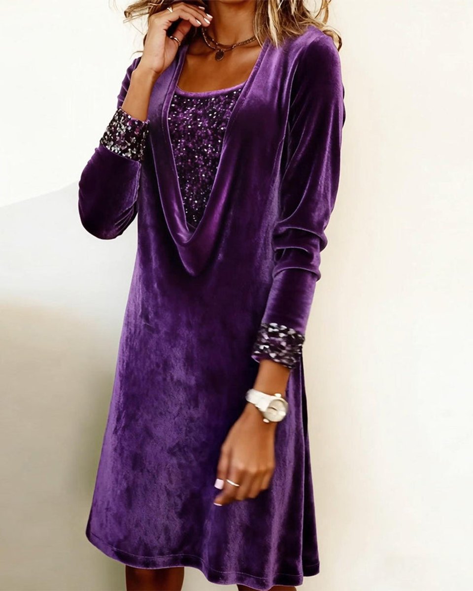 Women's Long-Sleeve Sequin-Trim Velvet Party Dress
