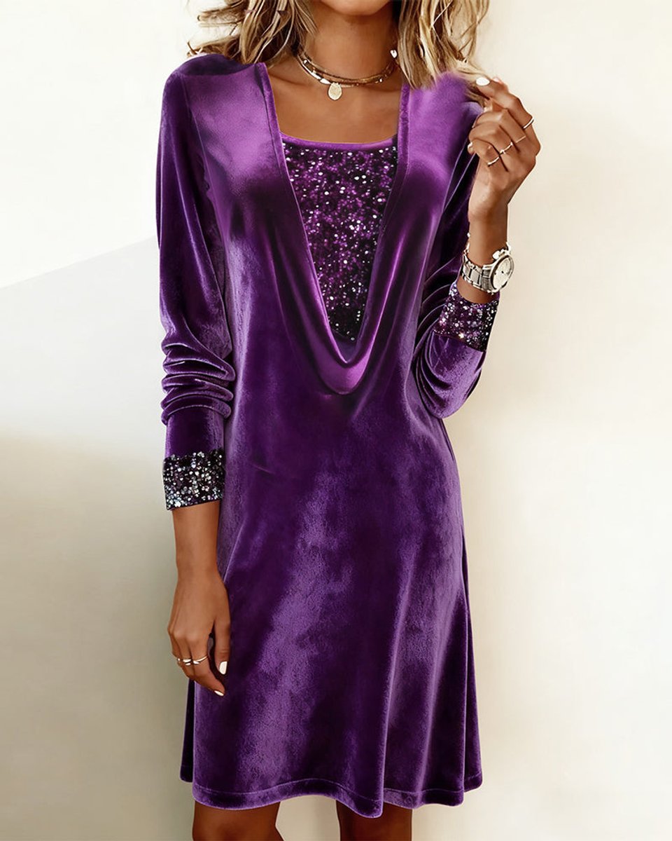 Women's Long-Sleeve Sequin-Trim Velvet Party Dress - Purple