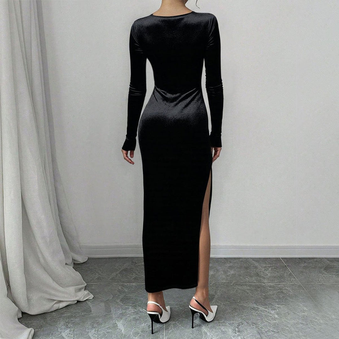 Women's Long Sleeve Square Neck Velvet Party Dress Side Split Maxi