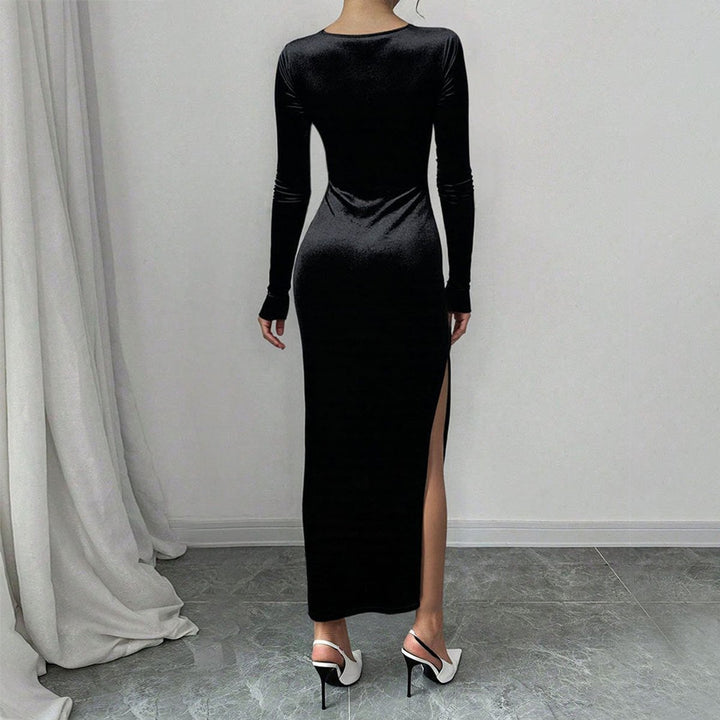 Women's Long Sleeve Square Neck Velvet Party Dress Side Split Maxi
