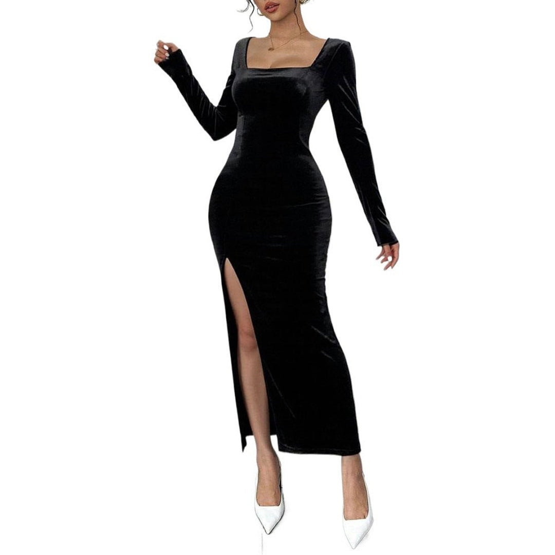 Women's Long Sleeve Square Neck Velvet Party Dress Side Split Maxi
