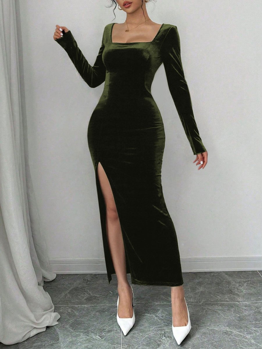 Women's Long Sleeve Square Neck Velvet Party Dress Side Split Maxi - Olive Green