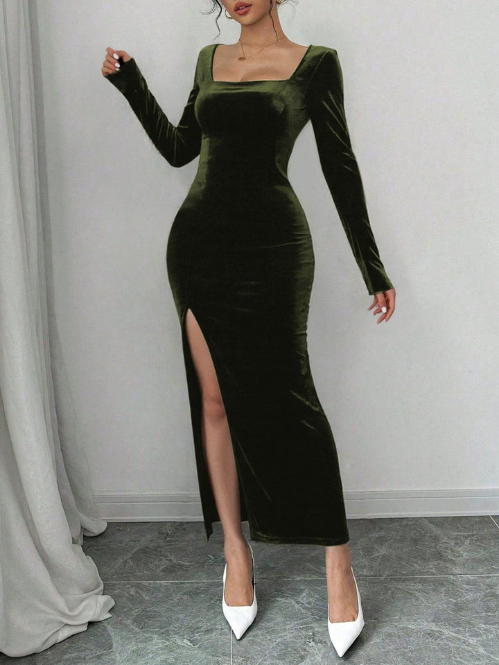 Women's Long Sleeve Square Neck Velvet Party Dress Side Split Maxi - Olive Green