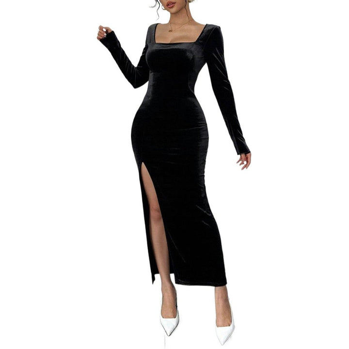 Women's Long Sleeve Square Neck Velvet Party Dress Side Split Maxi - Black
