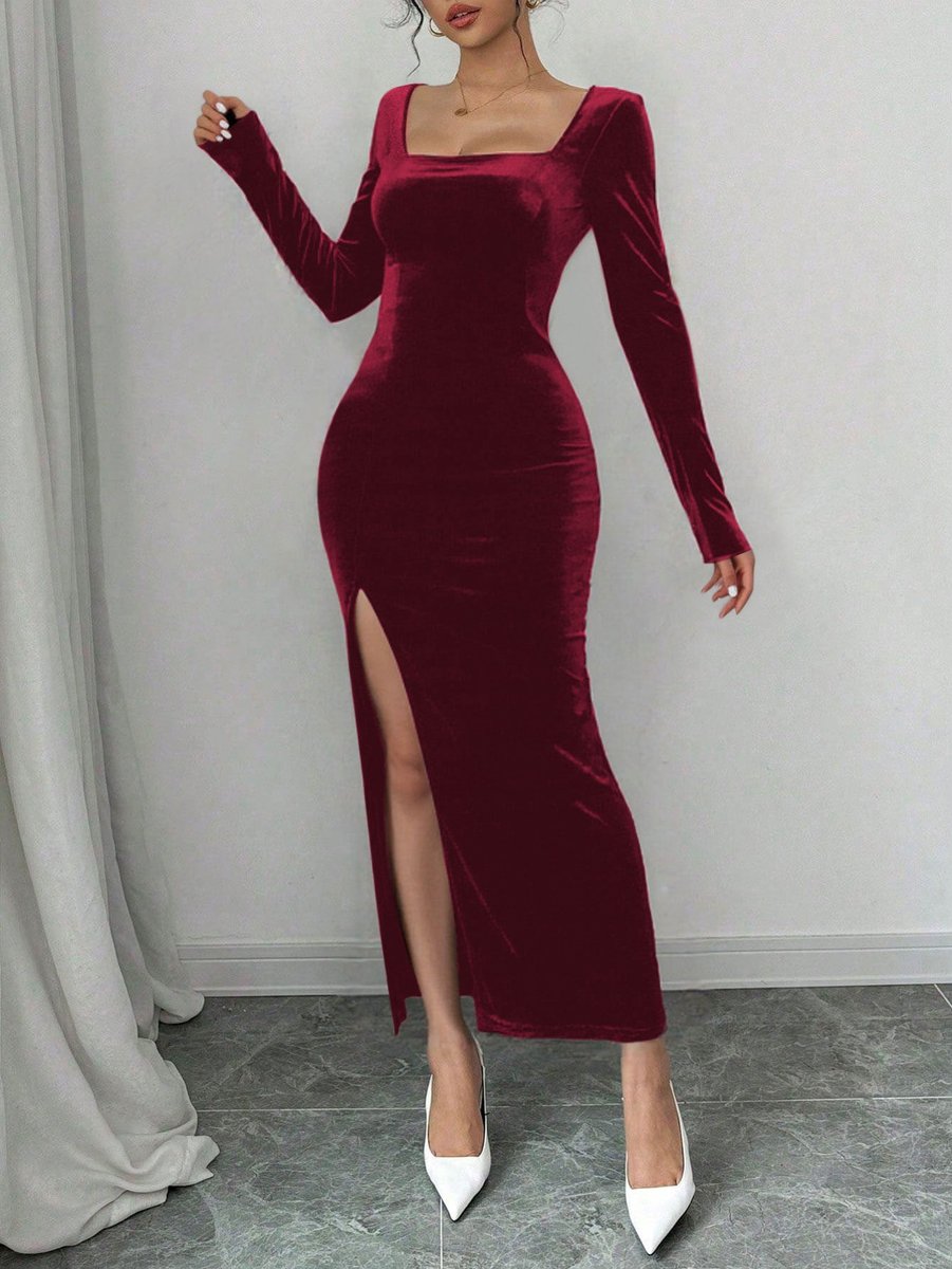 Women's Long Sleeve Square Neck Velvet Party Dress Side Split Maxi - Wine Red