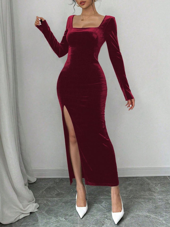 Women's Long Sleeve Square Neck Velvet Party Dress Side Split Maxi - Wine Red