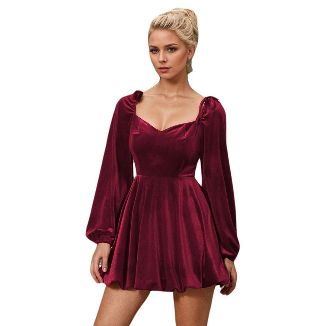 Women's Long-Sleeve Sweetheart Velvet Party Dress Mini Skater - Burgundy