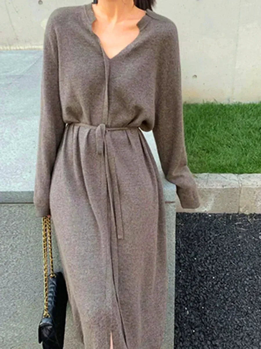 Women's Long-Sleeve V-Neck Soft Knitted Dress