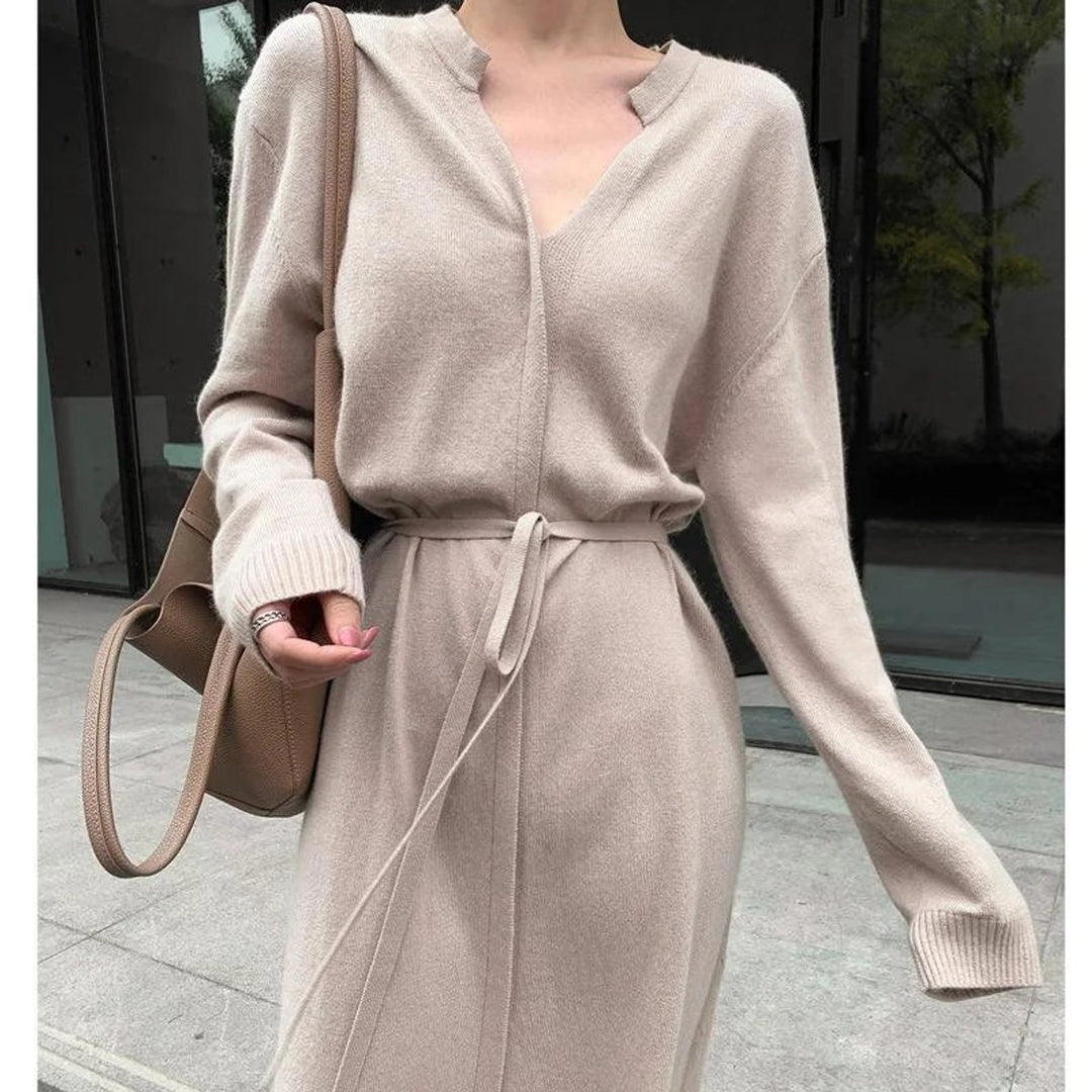 Women's Long-Sleeve V-Neck Soft Knitted Dress