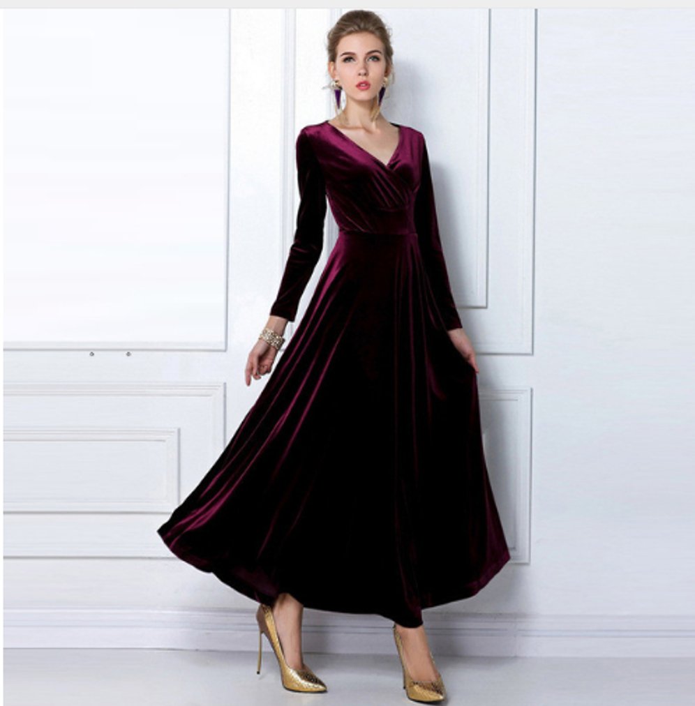 Women's Long-Sleeve V-Neck Velvet Party Dress Maxi Gown - Wine Red