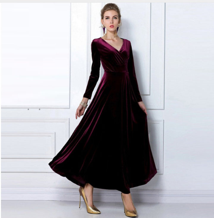 Women's Long-Sleeve V-Neck Velvet Party Dress Maxi Gown - Wine Red