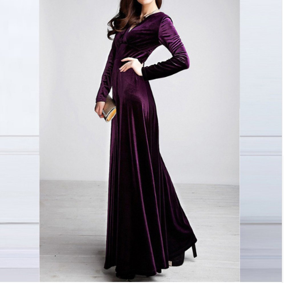 Women's Long-Sleeve V-Neck Velvet Party Dress Maxi Gown - Purple