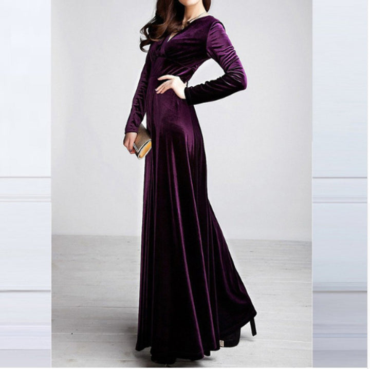 Women's Long-Sleeve V-Neck Velvet Party Dress Maxi Gown - Purple