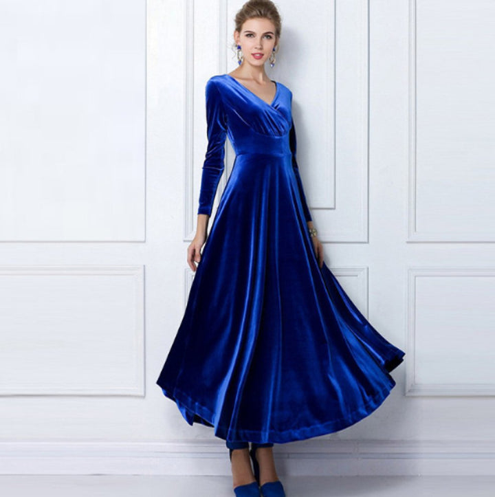 Women's Long-Sleeve V-Neck Velvet Party Dress Maxi Gown - Royal Blue