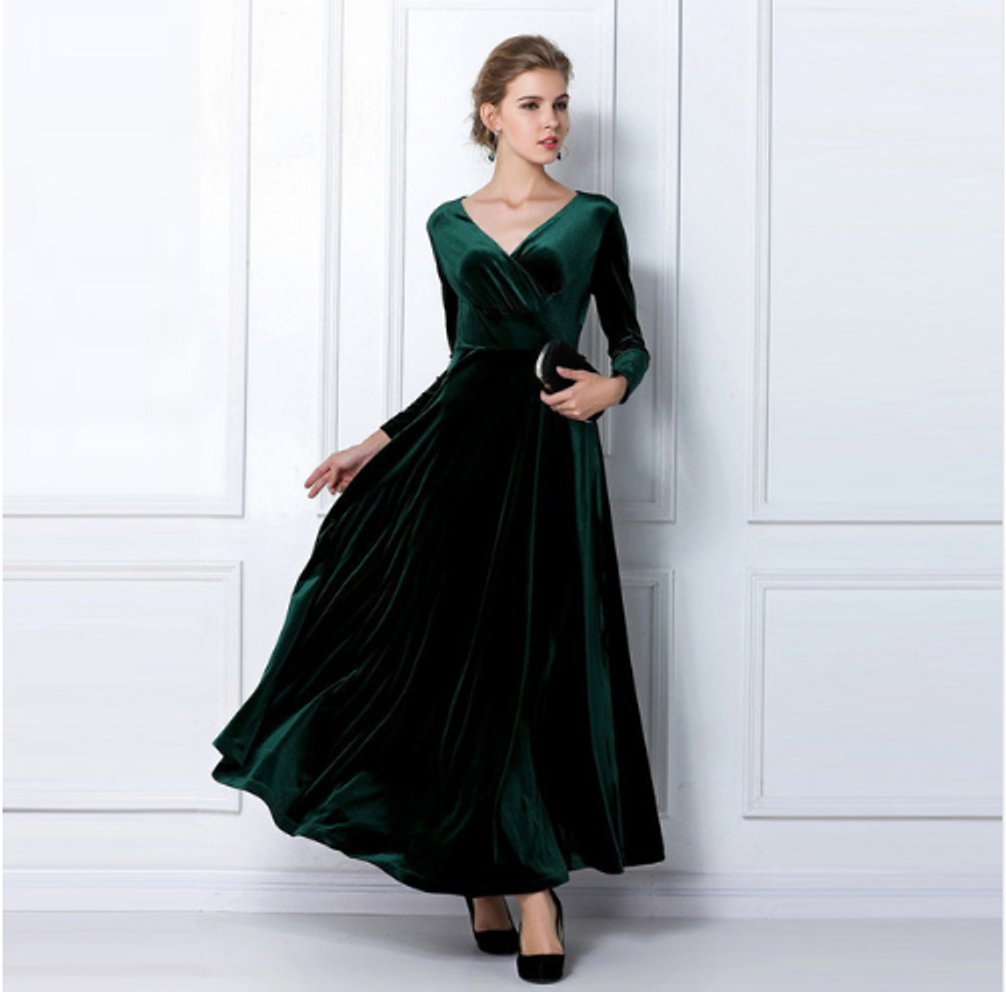 Women's Long-Sleeve V-Neck Velvet Party Dress Maxi Gown - Green