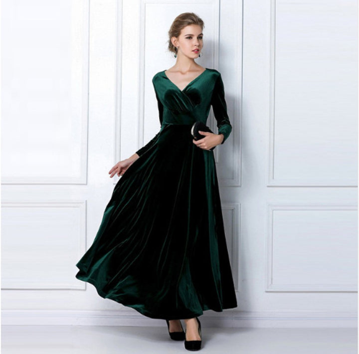 Women's Long-Sleeve V-Neck Velvet Party Dress Maxi Gown - Green