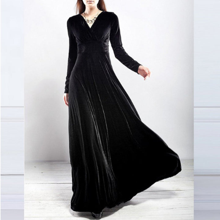 Women's Long-Sleeve V-Neck Velvet Party Dress Maxi Gown - Black