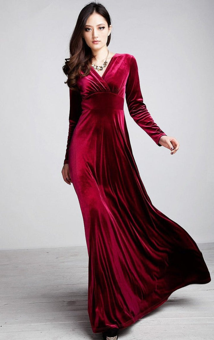 Women's Long-Sleeve V-Neck Velvet Party Dress Maxi Wrap Gown - Burgundy