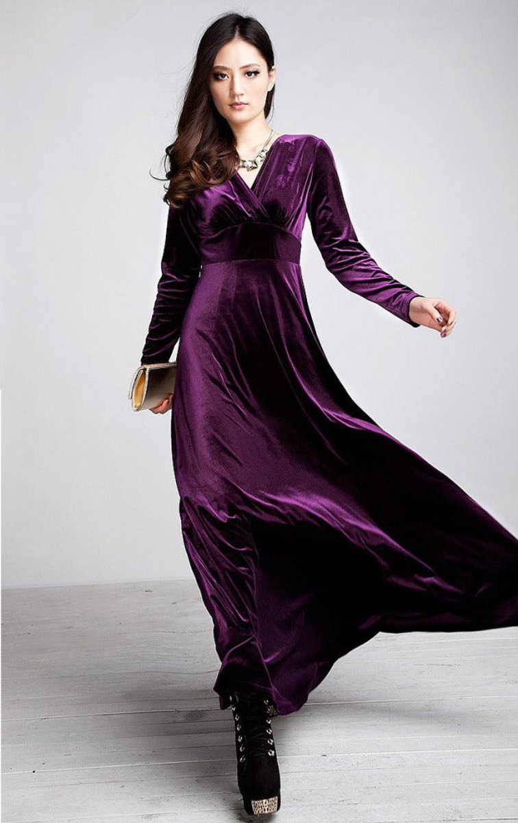 Women's Long-Sleeve V-Neck Velvet Party Dress Maxi Wrap Gown - Lilac