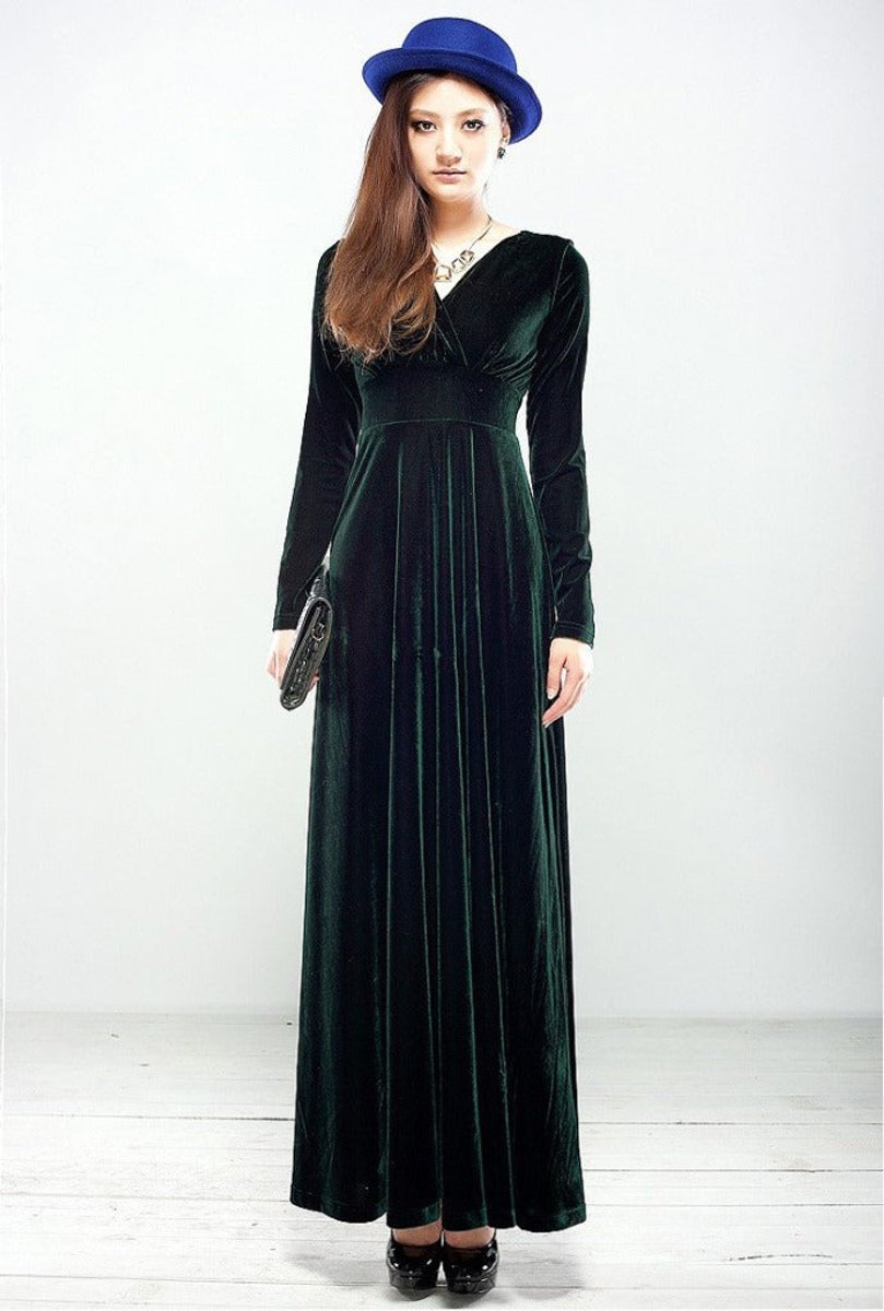 Women's Long-Sleeve V-Neck Velvet Party Dress Maxi Wrap Gown - Green
