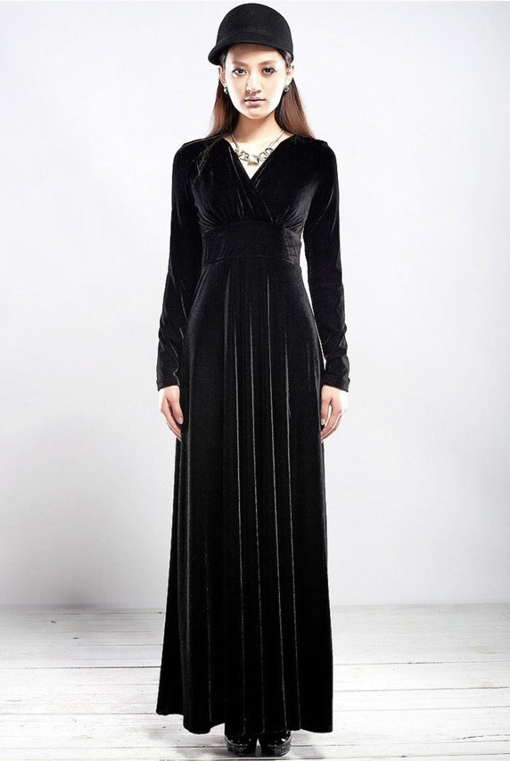 Women's Long-Sleeve V-Neck Velvet Party Dress Maxi Wrap Gown - Black