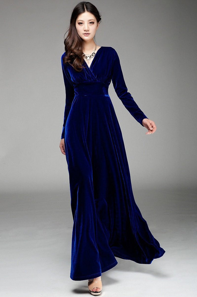 Women's Long-Sleeve V-Neck Velvet Party Dress Maxi Wrap Gown - Navy Blue