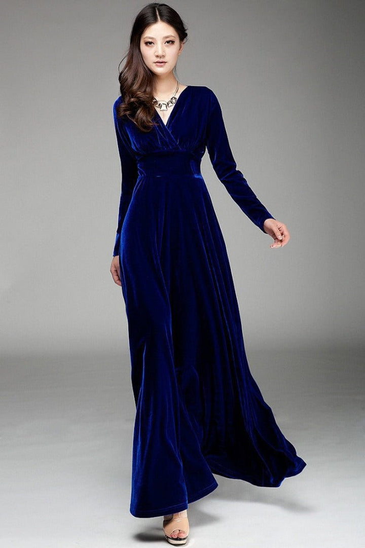 Women's Long-Sleeve V-Neck Velvet Party Dress Maxi Wrap Gown - Navy Blue