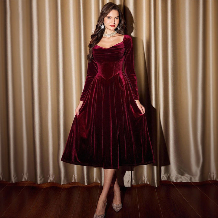 Women's Long-Sleeve Velvet Party Dress Corset-Waist A-Line Midi