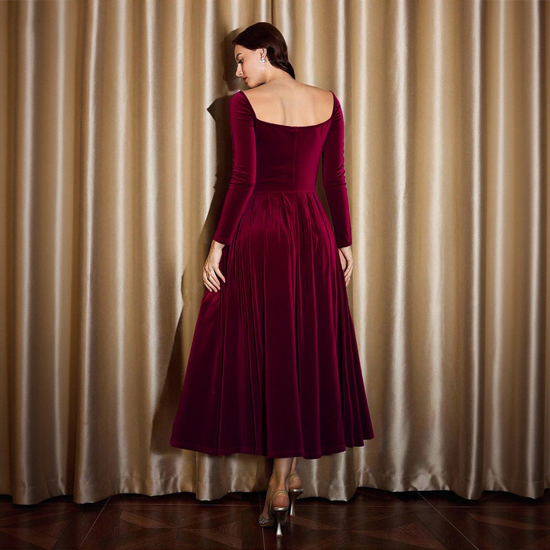 Women's Long-Sleeve Velvet Party Dress Corset-Waist A-Line Midi