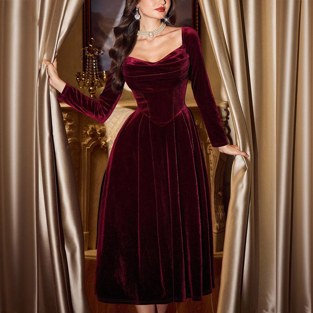 Women's Long-Sleeve Velvet Party Dress Corset-Waist A-Line Midi