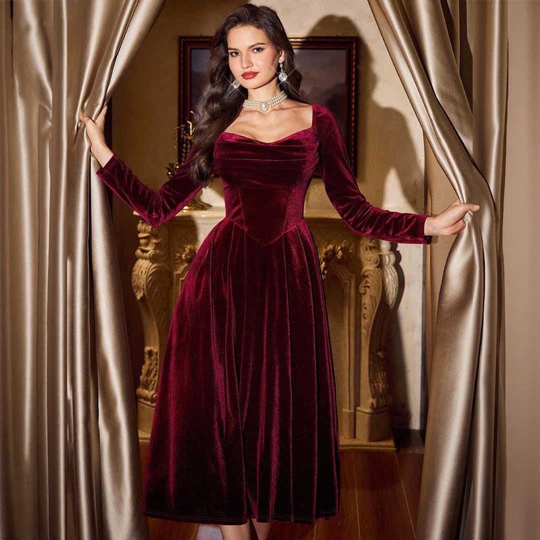 Women's Long-Sleeve Velvet Party Dress Corset-Waist A-Line Midi