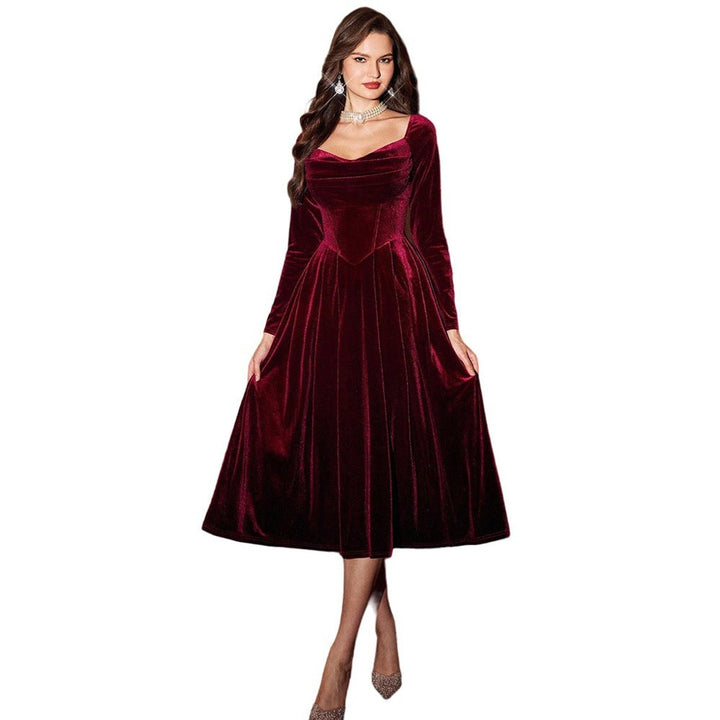 Women's Long-Sleeve Velvet Party Dress Corset-Waist A-Line Midi - Wine Red
