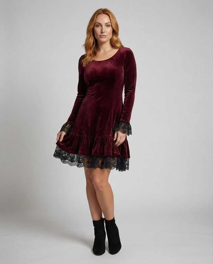 Women's Long Sleeve Velvet Party Dress Lace Frill Hem Mini - Burgundy