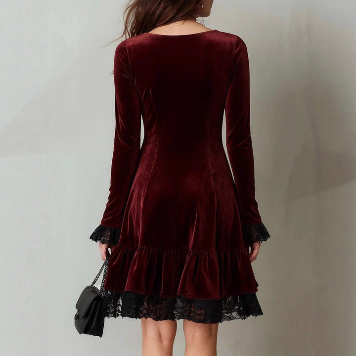 Women's Long Sleeve Velvet Party Dress Lace Frill Hem Mini