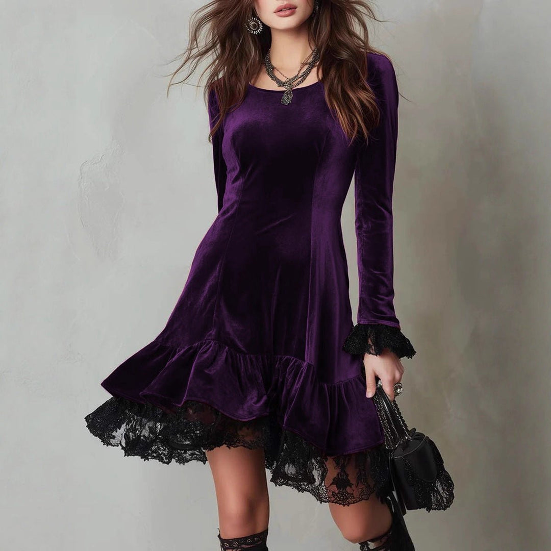 Women's Long Sleeve Velvet Party Dress Lace Frill Hem Mini