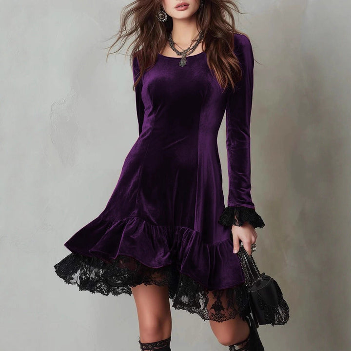 Women's Long Sleeve Velvet Party Dress Lace Frill Hem Mini
